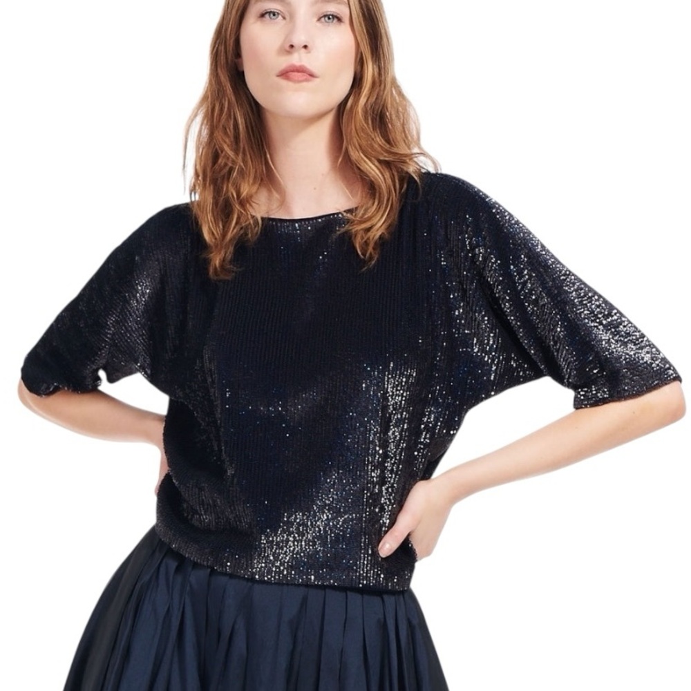 LN Emily Shalant Black Sequin Dolman Sleeve Cropped Blouse - L